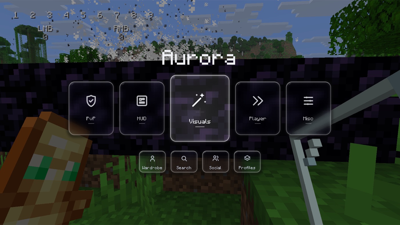The Aurora menu open over a crystal arena